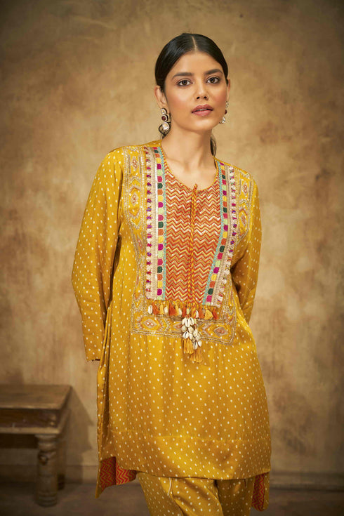 Yellow Bandhani Short Kurtee with long Yoke